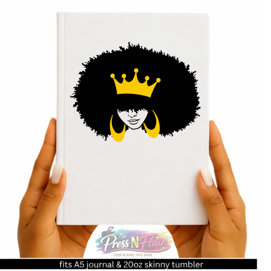 Queen Crown Afro UV DTF Transfer | Black Woman Tumbler & Journal Decal | Empowerment Design